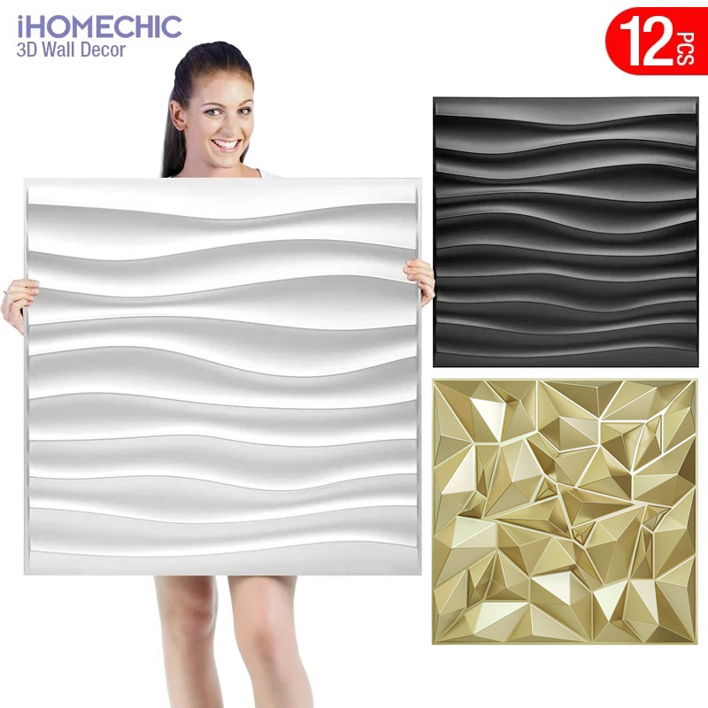 Pvc Panel Background - 12개, 50x50cm, 샴페인 골드 색상, 3D