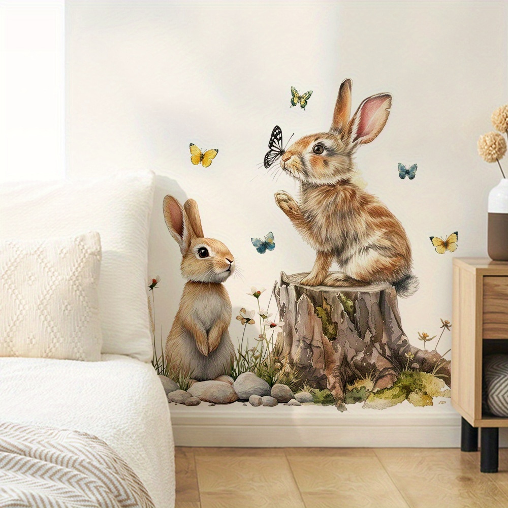 자연 테마 벽 스티커 수채화 스타일 나무 그루터기 토끼 - Pvc Panel Background 리뷰 및 가격